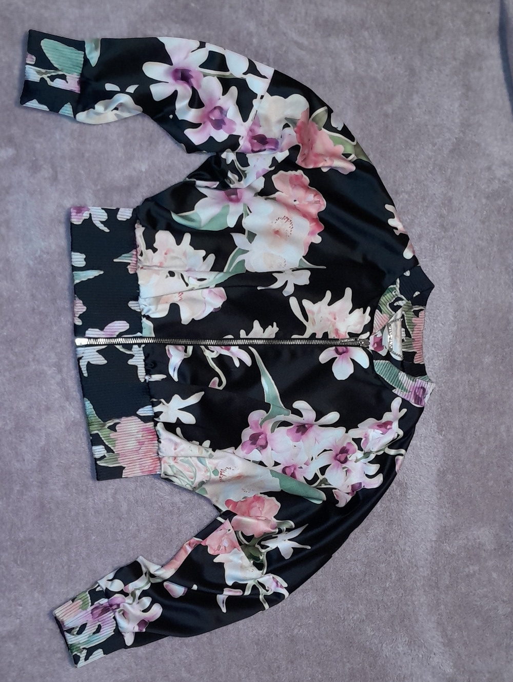 Marciano Black Floral Satin Bomber with Pink & White Flowers